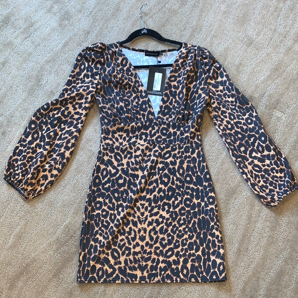 Pretty Little Thing Brown‎ Leopard Print Balloon Sleeve Plunge Bodycon Dress